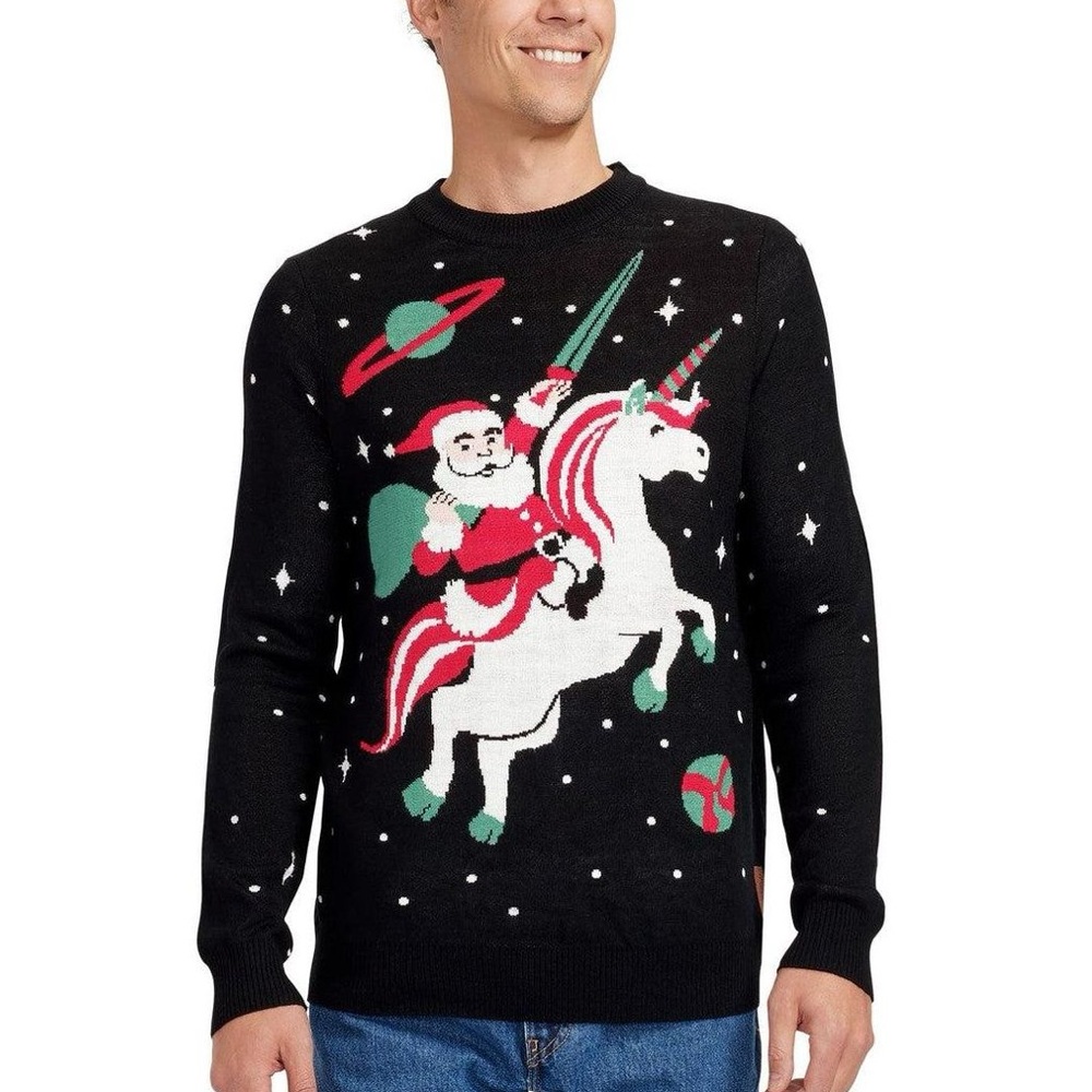 Unisex Tipsy Elves Black Santa Unicorn Christmas Sweater